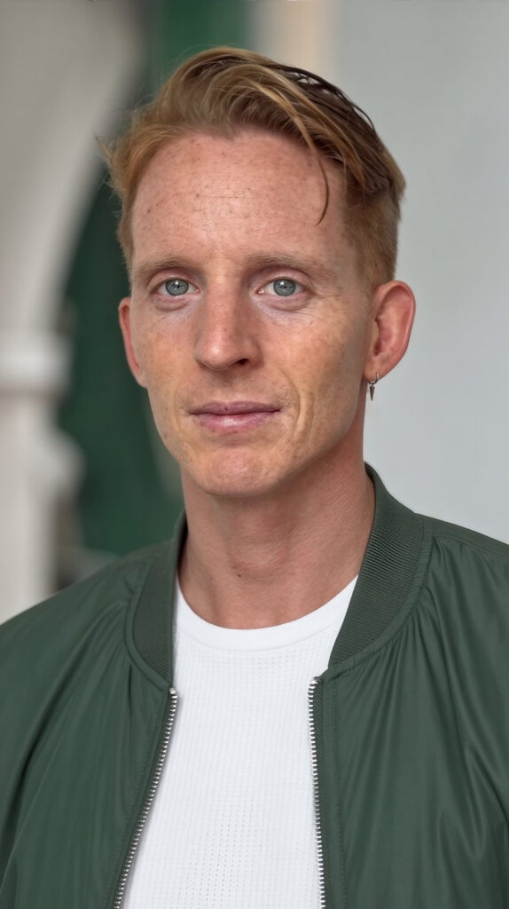 Professional acting headshots. Outfits in colours, studio lighting, charming male subject with red hair and freckles. 